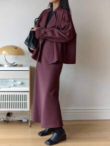 DAZY 女士宽松短款风衣外套和直筒长裙两件套休闲套装 - 酒紅色 - 查看 5