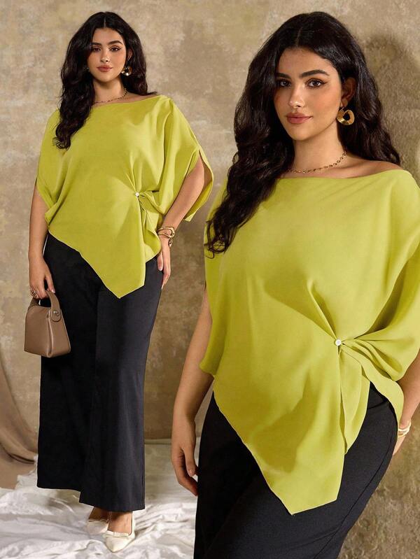 Roveilla Plus Size Women's French Casual Asymmetric Neck Short Sleeve Blouse Lime Green Top Batwing Sleeve Top Curve Plus Plus Size Blouses Asymmetrical Top Plus Plus Size Women Clothes Blouse