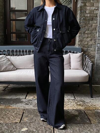 DAZY 女士撞色纽扣领装饰牛仔夹克和直筒牛仔裤休闲牛仔套装