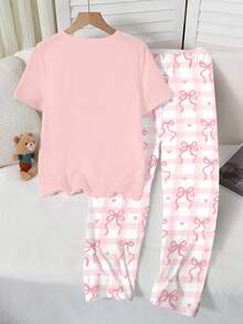 Elladie kids Bộ 2 món/Bộ đồ ngủ in họa tiết nơ và quần short kẻ sọc cho bé gái tuổi teen, vải dệt kim mềm mại, thoải mái, phong cách ngọt ngào và thanh lịch - Hồng - Xem 3