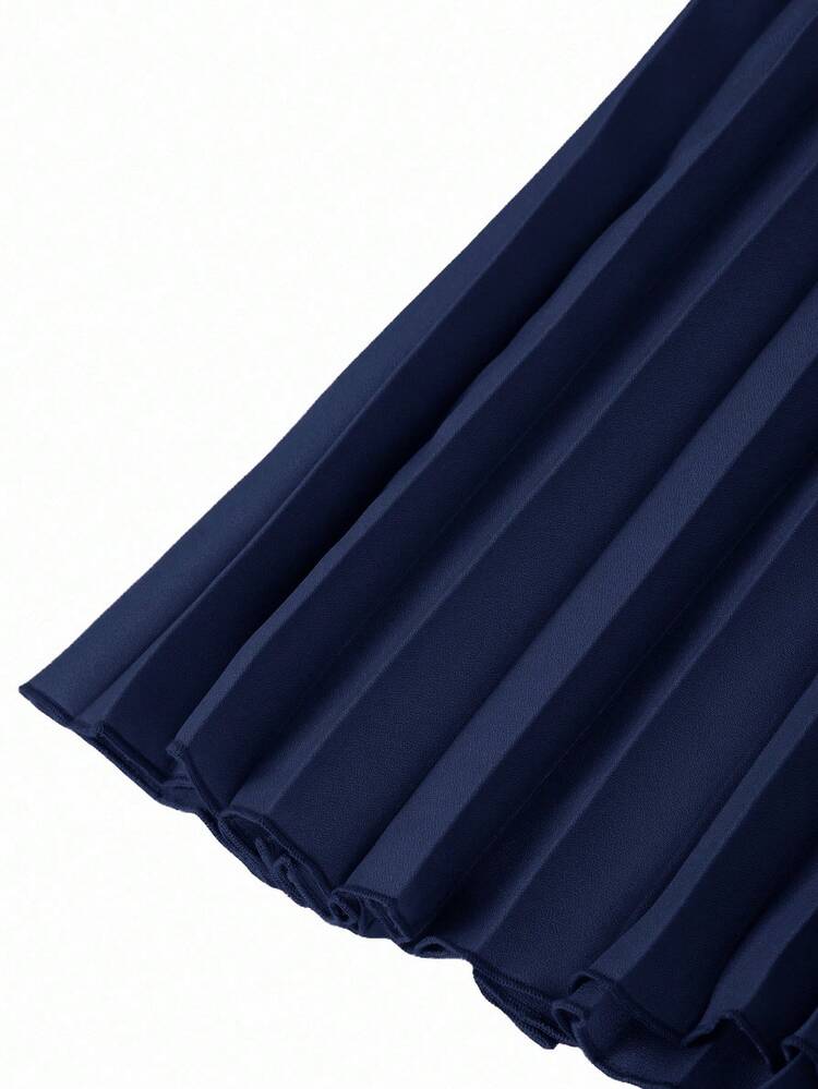 Ellevyn Vestido Plissado Elegante para Escritório, Estilo Assimétrico, Decoração com Fivela de Metal, Cor Sólida, Plus Size - Azul Marinho - Visão 9