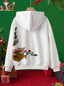 LOONEY TUNES X SHEIN Sudadera con capucha casual de Navidad para niño preadolescente, con estampado divertido y lindo de dibujos animados, hombros caídos, suelta y forrada a cuadros