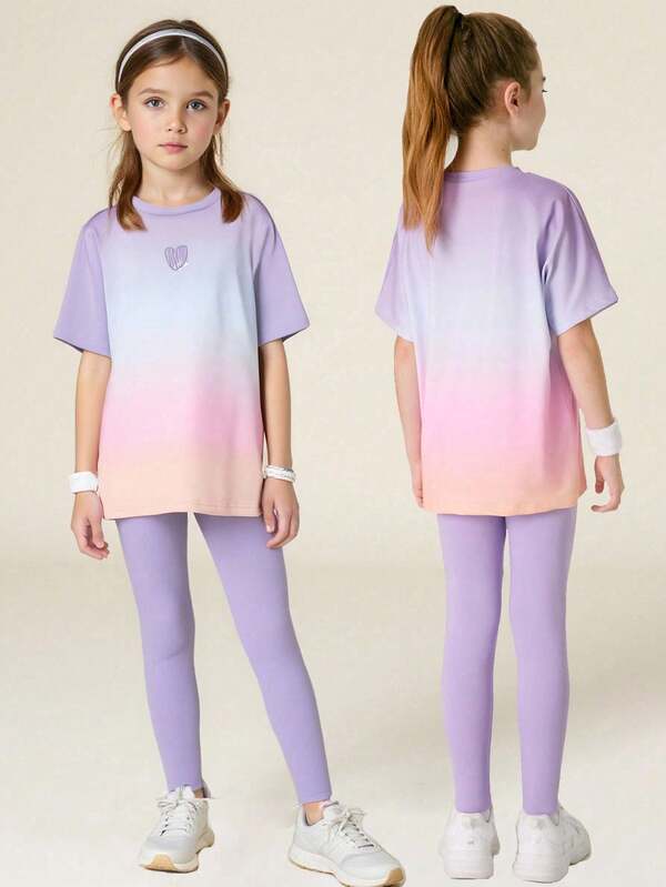 SHEIN Young Girls Casual Short Sleeve T-Shirt And Leggings 2 Pieces Sets, Sweet And Lovely For Daily, Festival And Vacation