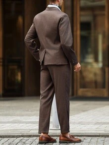 Manfinity Bizformal 男士纯色夹克和裤子西装棕色西装男孩棕色西装棕色西装套装男士棕色西装深棕色西装男士两件套西装男士西装外套和裤子男士办公室装经典男士服装棕色西装外套和裤子 - 咖啡棕 - 查看 2