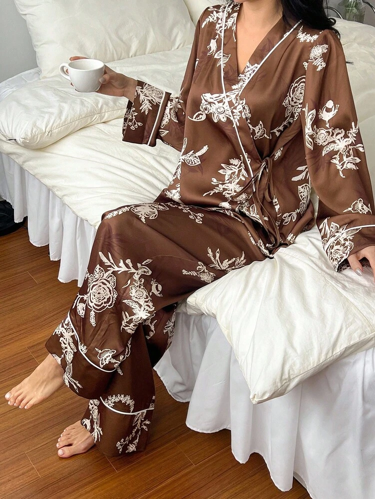 Chinese Style All-Over Print Lapel Women Pajama Set, Fall Clothes
