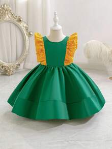 Glamorique Kids Girls Christmas Princess Dress,Sage Green,Summer,Elegant,7th Birthday Party Wear Santa New Year's Dress Satin Gold Sequin Flutter Sleeves Bow Back - Dark Green - View 4