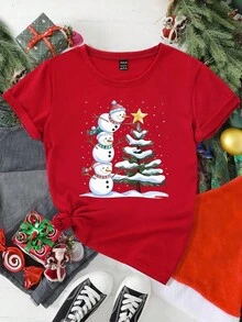 Weihnachten Frauen Lässig Stylish Cartoon Süßer Schneemann Weihnachtsbaum Muster Weihnachtsbaum Kreatives Slogan Grafik Kurzarm T-Shirt Grafik Tops Frauen - Bordeaux - Übersicht 4