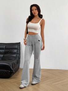 SHEIN EZwear 女式夏季骑士刺绣抽绳腰休闲喇叭裤 - 灰色 - 查看 3