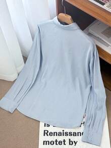 Livesso Solid Color Casual Versatile Long Sleeve Collared Pocket Blouse For Women, Spring/Summer Linen,Fall Clothes - Blue - View 8