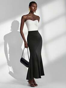 SHEIN Unity Almamuse-D 优雅法式鱼尾裙，开叉镂空设计，修身时尚女裙，春秋 - 黑色 - 查看 3
