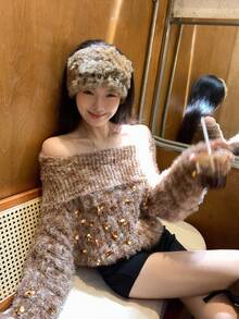 DAZY 女士露肩亮片长袖毛衣，秋冬/新年款 - 咖啡棕 - 查看 5