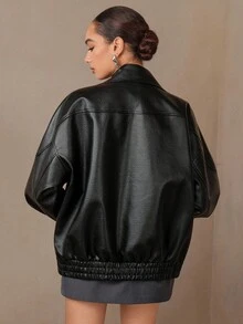 NOVVYNE Women's Vintage Motorcycle Jacket, Stand Collar, Boxy Silhouette, Fashionable PU Leather Coat, Black, Winter - Black - View 2