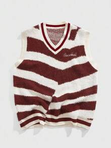 ROMWE MEN Prep Men's V-Neck Contrast Color Fuzzy Knit Sweater Vest, Retro College Style, Fall Winter - Beige - View 1
