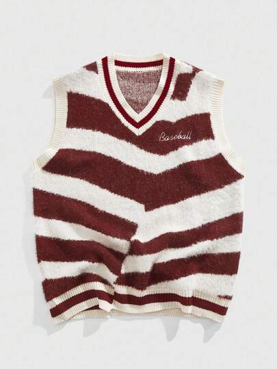 Street Life Herren V-Ausschnitt Kontrast-Farbiger Flauschiger Strickpullunder, Retro College Stil, Herbst Winter