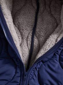 SHEIN 男婴/女婴厚保暖内衬纹理面料连帽拉链连体衣，适合雪地玩耍、室内外、秋冬季 - 藏蓝色 - 查看 5