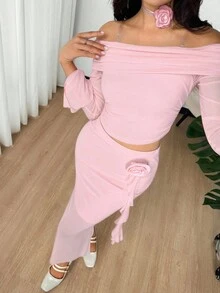 SHEIN 少女合身休闲简约舒适露肩喇叭袖上衣，3D 花卉装饰，A 字裙套装 - 粉色 - 查看 7