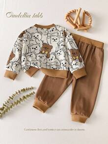 SHEIN 2 件套男婴幼儿 0-3 岁春夏休闲日常穿着叠穿熊印花圆领长袖运动衫 + 裤子套装 - 卡其色 - 查看 2