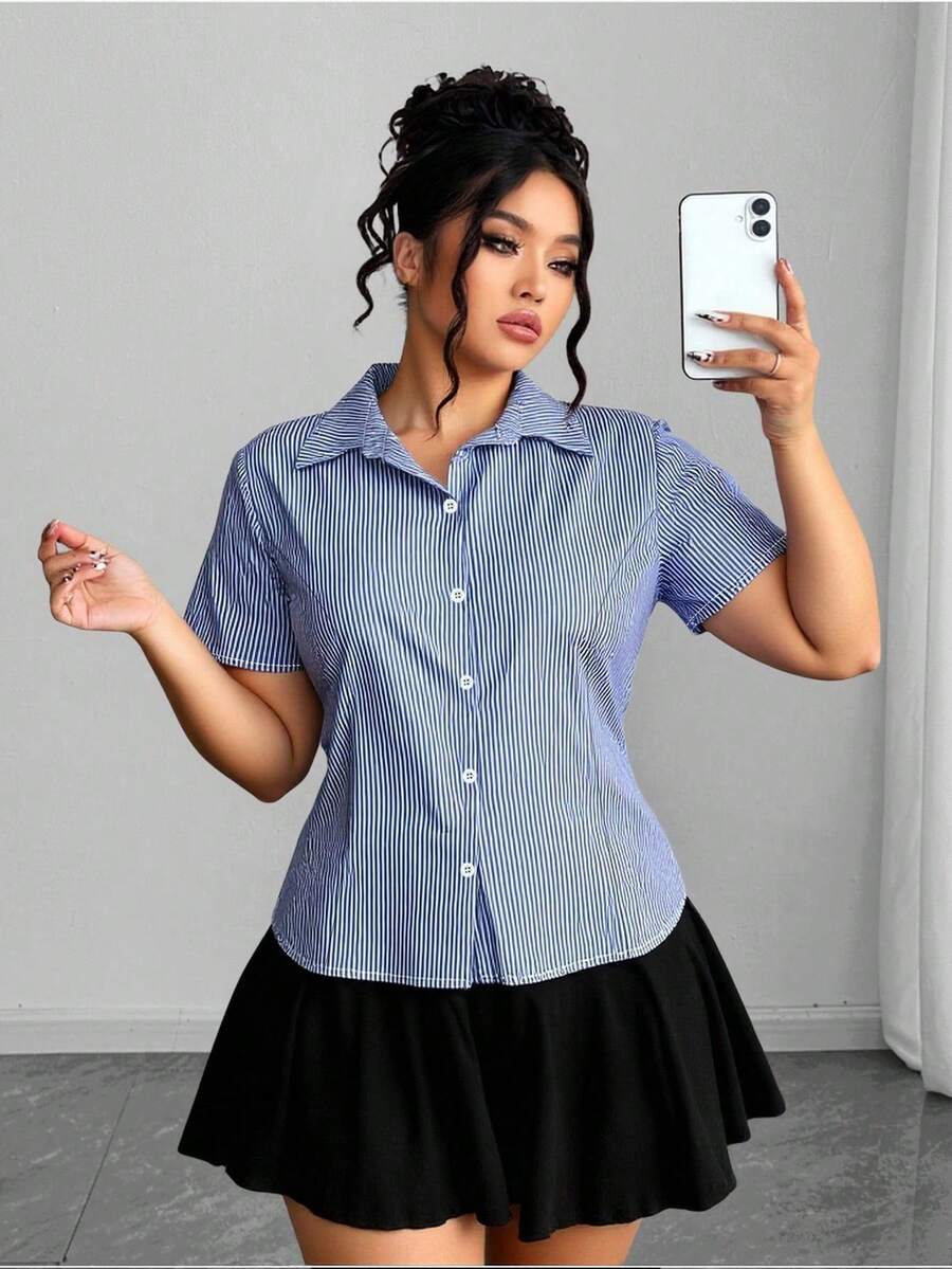 Elenzga Plus Size Casual Striped & Plaid Pattern Shirt - Blue and White - View 1