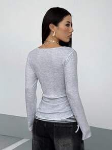 StreetHx Women's Gray Printed Patchwork Striped Long Sleeve T-Shirt - Grey - View 2