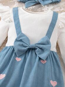 SHEIN Newborn Baby Girl Cute Casual 2 In 1 Colorblock Bow Embroidered Jumpsuit With Headband Fall Winter - Multicolor - View 5