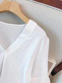 GlowEve CURVE Plus Solid V Neck Flounce Sleeve Blouse - White - View 4