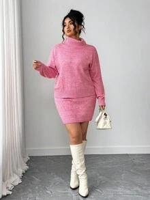 Elenzga 大码女式两件套，宽松长袖纯色高领毛衣和超短性感毛衣裙，休闲甜美韩版风格 - 玫紅色 - 查看 7