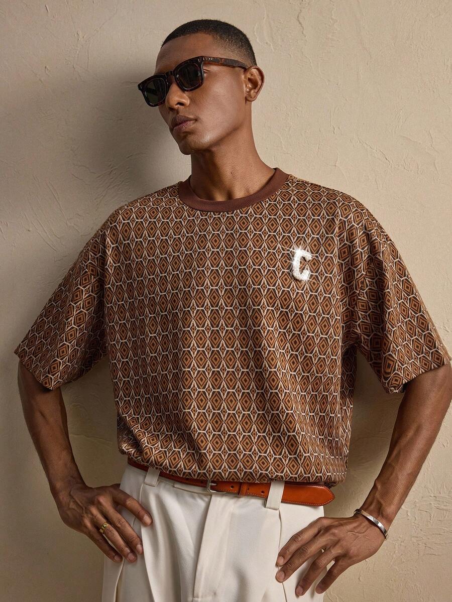 AKNOTIC 男士休闲宽松圆领短袖T恤，夏季 - 咖啡棕 - 查看 1
