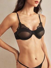 Charlaine 1pc Black Underwired 3/4 Cup Lace Trim Bra, Women's Lingerie Bra For Everyday, Office, Casual, Sensual - Black - View 2