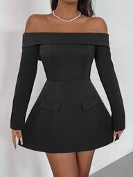 INAWLY 1pc Women's Solid Color Off-The-Shoulder Elegant Long Sleeve Mini Dress Fall Cloth For Women