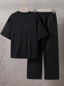 SHEIN 青少年男孩休闲街头口号印花纯色圆领短袖 T 恤和运动裤套装，适合通勤、上学、日常休闲、度假、运动、派对、春夏季 - 黑色 - 查看 4