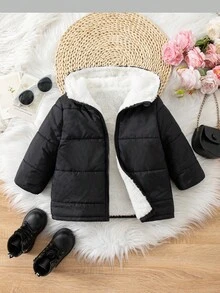 SHEIN 女婴可爱休闲保暖内衬黑色连帽棉衣，百搭保暖，适合秋冬 - 黑色 - 查看 4