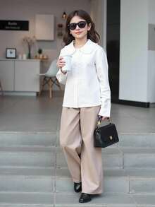 SHEIN Tween Girl Frill Trim Peter Pan Collar Shirt - White - View 5