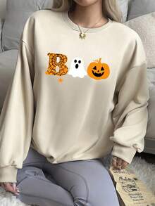 SHEIN Essnce Halloween Casual Minimalist Ghost, Spider Web, Pumpkin Print Pattern Loose Fit Crew Neck Long Sleeve Hoodie Sweatshirt For Women, Autumn/Winter - Apricot - View 1
