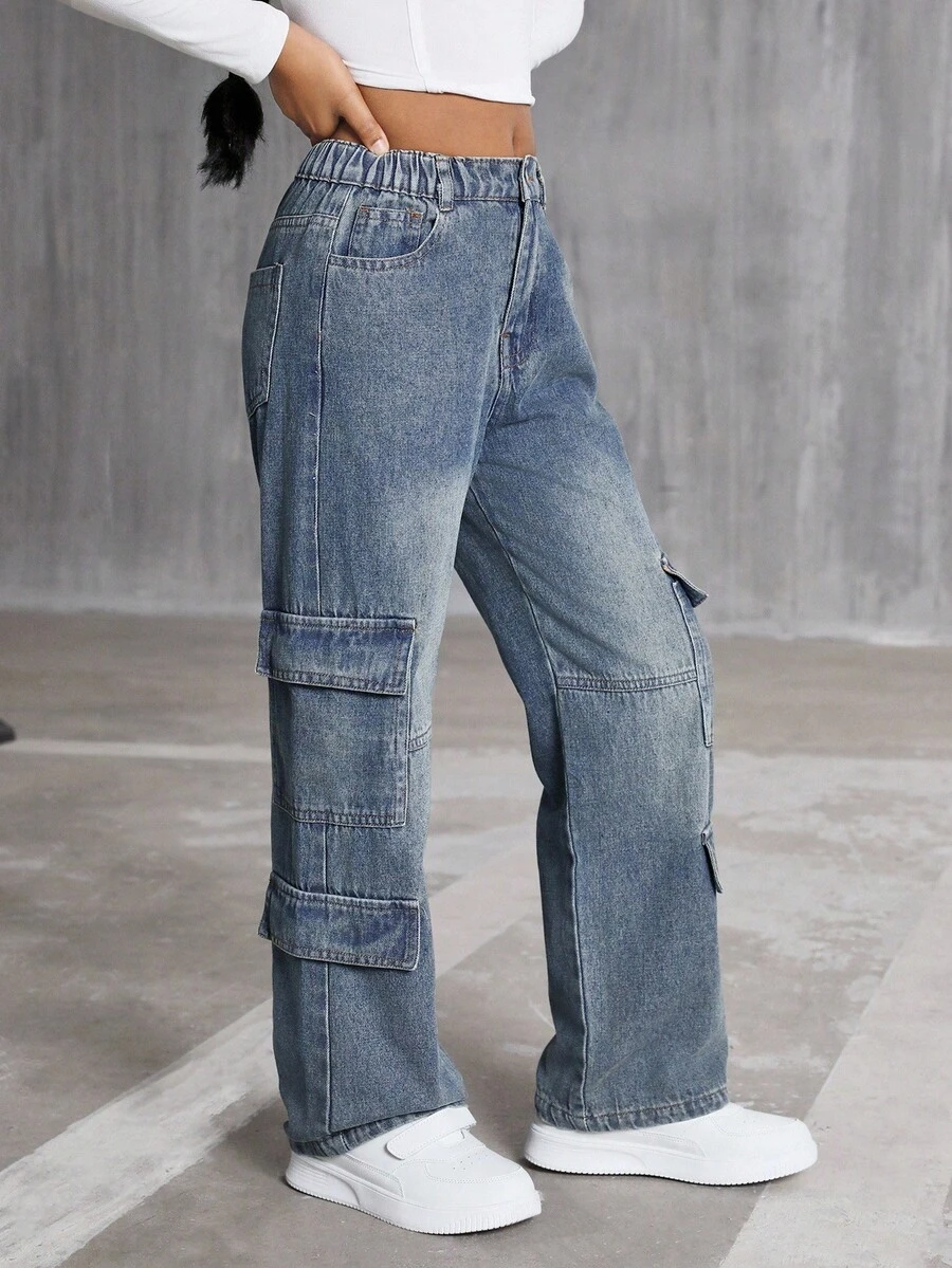 SHEIN Explorewe Tween 女童休闲直筒洗水牛仔裤 - 中等水洗藍 - 查看 1