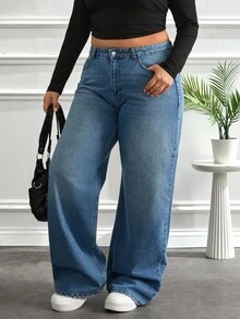 EURMUSE Casual 100% Cotton Plus Size Wide Leg Jeans Y2k Jeans Oversized Jeans High Waisted Jeans Baggy Jeans - Light Wash - View 5