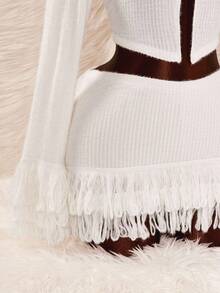 Amplova 女式纯色露肩长袖上衣和迷你裙两件套 - 杏色 - 查看 6