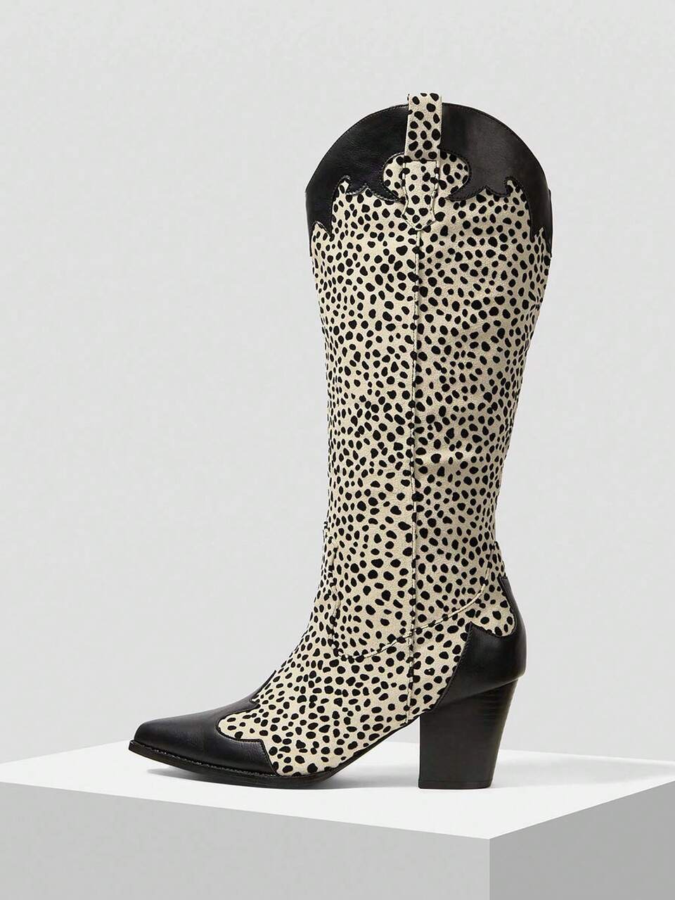 WOMEN'S AUTUMN/WINTER NEW LEOPARD PRINT COLOR BLOCK SIDE ZIPPER MID-CALF HEELED BOOTS