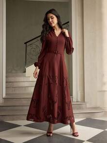 ZEYLAH Women's Solid Color V-Neck Button Design Lantern Sleeve Hollow Out Elegant Maxi Dress - Brown - View 4