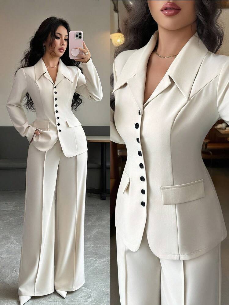 Elenzga Women's Dusty Pink Autumn Elegant Office Blazer Set,V-Neck