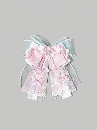 1 Stück rosa süßer Kawaii Kuchen Muster Spitze Patchwork Y2K Sternfoliendruck Schleife geformte Damen Brosche, handgemachte Lolita Brosche kann als Tasche/Kleidung Dekoration verwendet werden