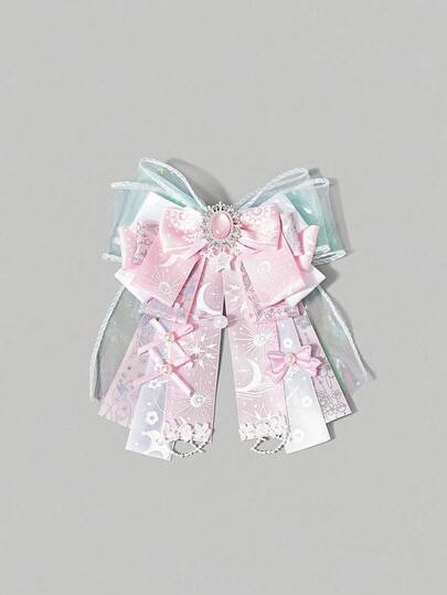 1 pieza Broche de mujer en forma de lazo con estampado de estrella de lámina, estampado de pastel lindo de Kawaii, parche de encaje, estilo Y2K, puede usarse como decoración de bolso/ropa, hecho a mano, estilo Lolita
