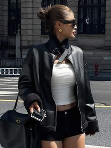 DAZY 女士休闲宽松羊毛常规款夹克，秋季女式外套 - 黑色 - 查看 7