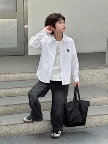 Mirajuku Tween Boy's Embroidered Horse Casual Loose Fit Long Sleeve Shirt, Spring Summer - White - View 5