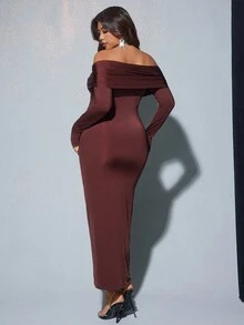 Viva Relle Valentine Plus Size Women's Solid Color Off Shoulder Long Sleeve Ruffle Hem Fitted Pleated Elegant Dress - Chocolate Brown - View 3