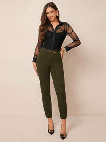 Amorya 女式高腰金属扣细节紧身裤 - 綠色 - 查看 4