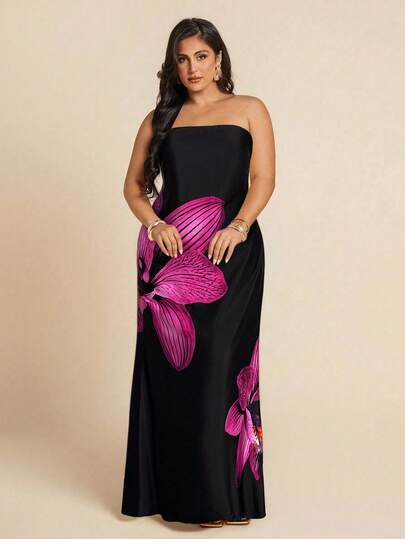 SHEIN BAE Plus Size Women Satin Print Open Back Dress, Spring/Summer,4th Of July Curve,Beach Outfit For Women,Airport Outfit Women,Festival Outfits Women,Graduation ,Women Summer Clothes,Going Out Tops Women,Rave Outfits,Club Outfits Women Sexy,Birthday Outfits For Women,Holiday Outfits,Wedding Guest Dress Women,Graduation Dress,Yellow Butter,Summer Dresses For Women