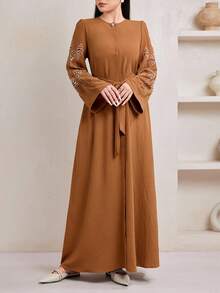 Veilorie Women's Solid Color Round Neck Flare Sleeve Front Button Casual Arabic Style Dress