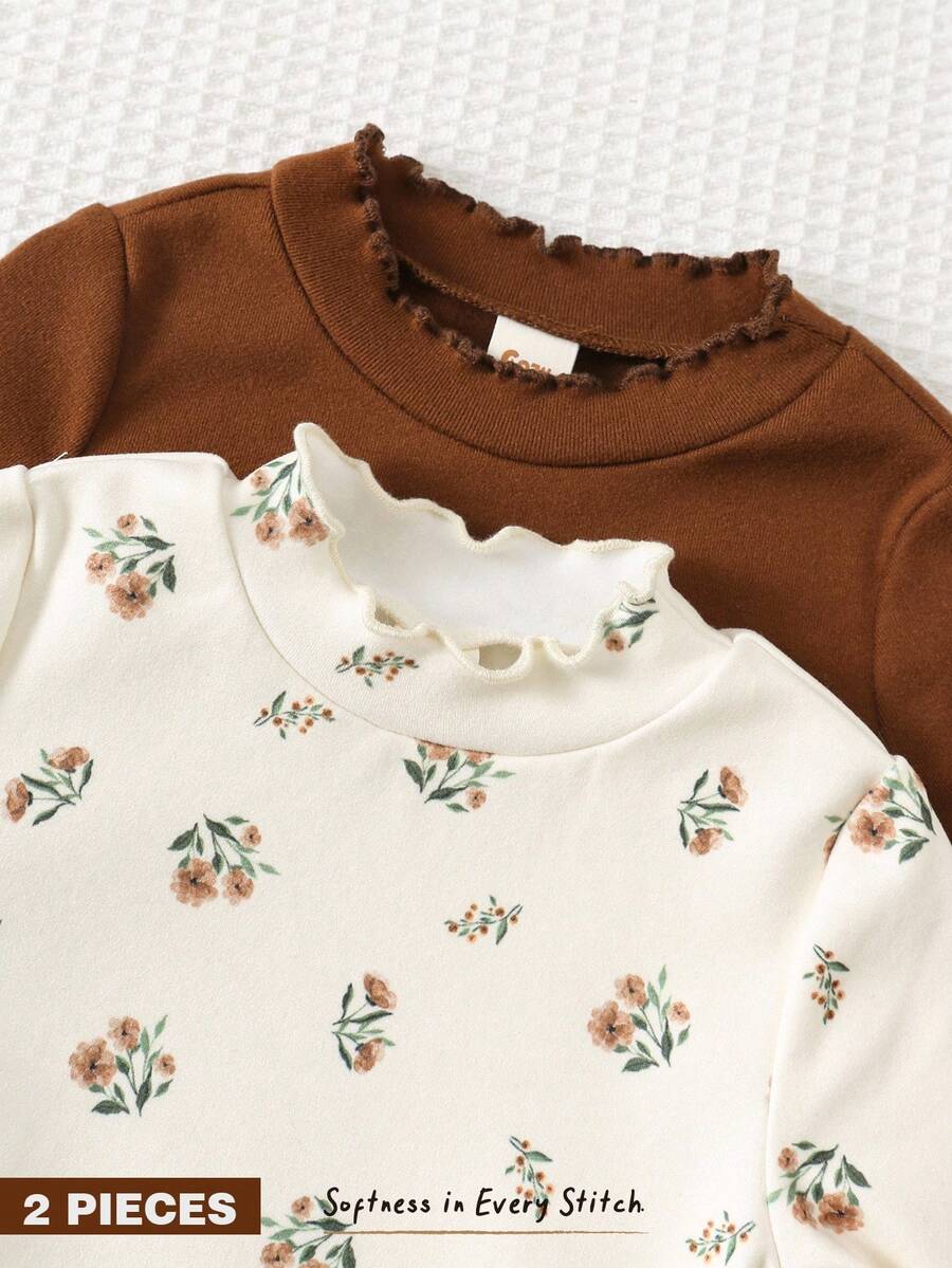 Cozy Pixies 2 件套女婴花卉印花柔软针织荷叶边下摆圆领长袖套头衫上衣套装 - 彩色 - 查看 1