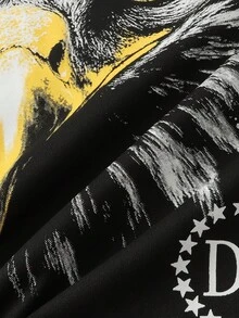 ROMWE MEN Street Life 男士撞色袖子拼布印花宽松短款T恤，秋季 - 黑色 - 查看 6