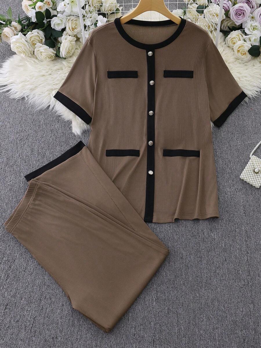 SHEIN Lacomfia 2 pièces/Set Top à manches courtes et pantalon de couleur contrastée élégants et décontractés, ensemble tricoté pour femmes de grande taille - Multicolore - Voir 1